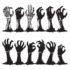 a set of 12 black zombie hand silhouettes rising from the ground in a horror and Halloween style 