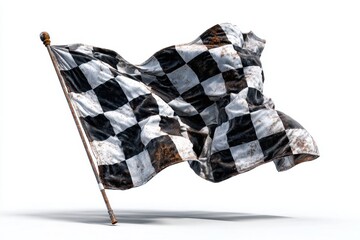 Checkered flag waves near the asphalt surface, signalling the end of the race at the speedway in this grayscale high quality studio stock