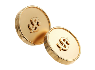 Two shiny gold dollar coins floating in mid-air, isolated on transparent cutout background