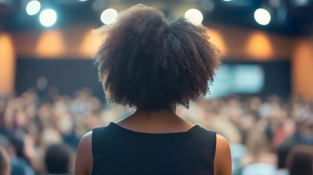 A female African American speaker delivers a presentation in a workshop hall, with a rear view of the diverse and inclusive audience at the conference event.