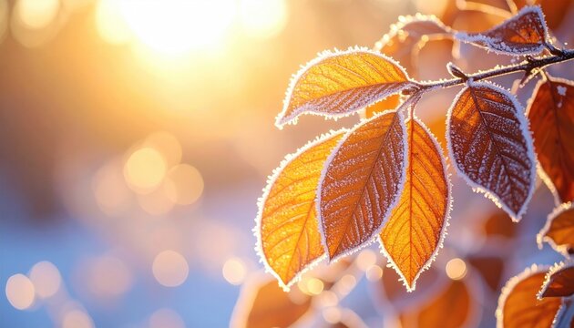 Frosted Orange Leaves on Branch with Bokeh Golden Sunlight in Winter