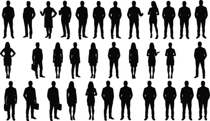 Business silhouette, corporate group, professional attire, standing posture, formal wear, office team, leadership icon, diverse figures, isolated shape, black background
