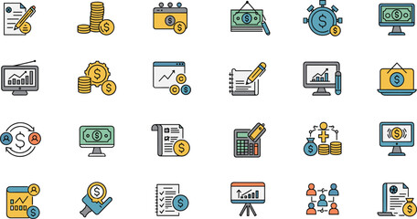 Accounting icons, finance management, money, savings, reports, charts, bookkeeping, business planning, investment and analytics vector illustration