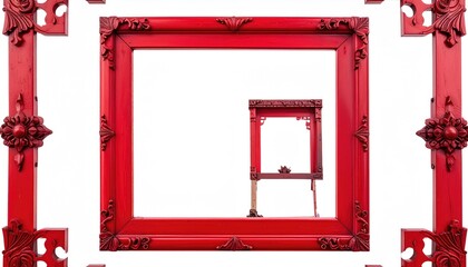 Red nested frames, ornate corners, table inside creates a visual illusion