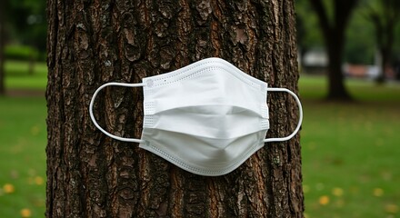 White protective face mask resting on tree trunk against green background