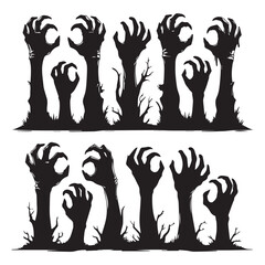 a set of 12 black zombie hand silhouettes rising from the ground in a horror and Halloween style 
