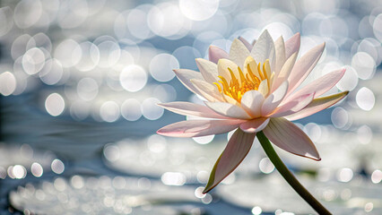 Pale pink water lily with golden stamen center blooms gracefully over water surface, surrounded by dreamy bokeh lights reflecting aquatic tranquility and beauty.