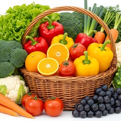 Fresh assortment of colorful organic vegetables and fruits in a wicker basket