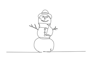 Snowman in continuous one line drawing. Single line art illustration of winter snowman. Editable vector.