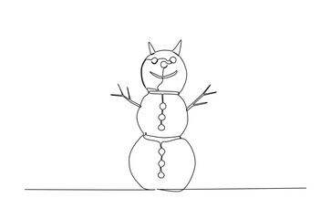 Snowman in continuous one line drawing. Single line art illustration of winter snowman. Editable vector.