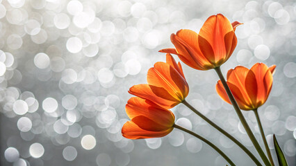 Three vibrant orange tulips stretch upward on slender stems against dreamy bokeh background with warm backlighting illuminating their translucent petals beautifully.