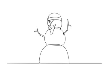 Snowman in continuous one line drawing. Single line art illustration of winter snowman. Editable vector.