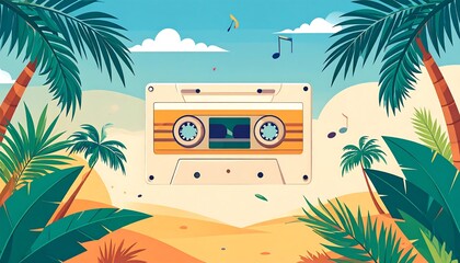 An illustrated scene of a cassette tape centered on a tropical beach with palm trees, sand dunes, sky, and musical notes