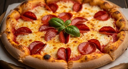 Delicious pepperoni pizza with fresh basil garnish close up