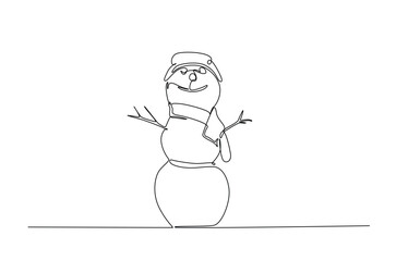 Snowman in continuous one line drawing. Single line art illustration of winter snowman. Editable vector.