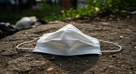 White protective face mask on rough ground outdoors suggesting health crisis