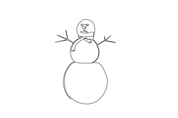 Snowman in continuous one line drawing. Single line art illustration of winter snowman. Editable vector.