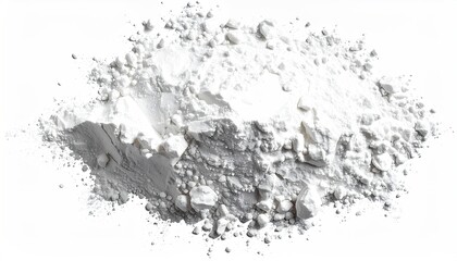 Close-up of a small, irregular pile of white, granulated powder on white