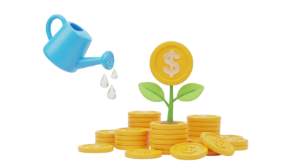 Blue Watering Can Pouring Water Onto Growing Money Tree With Coins growth investment isolated on a transparent background