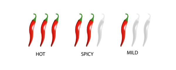 Spicy level labels. Spicy and hot chili spicy meter. Red spicy chili peppers. Vector