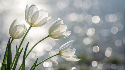 Four elegant white tulips backlit with soft glow, translucent petals revealing delicate details, surrounded by dreamy bokeh circles in blue-grey atmosphere.