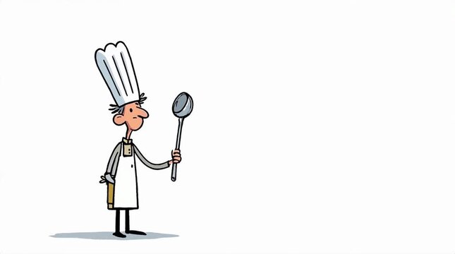 Cartoon chef in white apron and hat holds a ladle against a plain white backdrop. Simple, minimalist animation style.