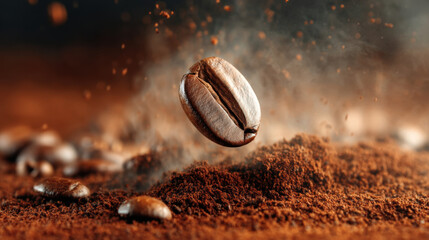 Coffee bean hovers above pile of ground coffee, surrounded by other beans, creating dynamic and aromatic scene