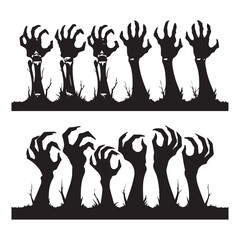 a set of 12 black zombie hand silhouettes rising from the ground in a horror and Halloween style 