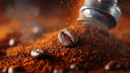 Rich coffee beans and ground coffee with grinder evoke warm, aromatic atmosphere