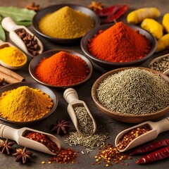 Assortment of colorful spices and herbs in bowls and wooden scoops