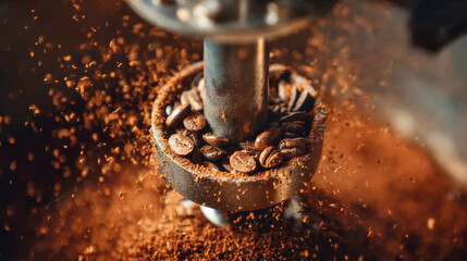 Fresh coffee beans being ground in grinder, creating rich aroma and vibrant texture