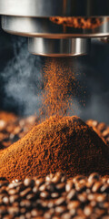 Aromatic coffee grounds falling from grinder, surrounded by coffee beans, creating rich and inviting atmosphere