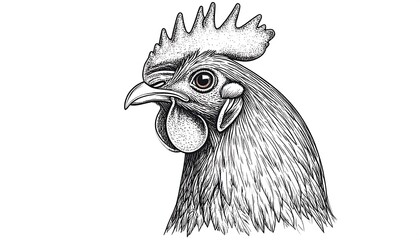 An illustrated side-profile of a rooster's head, displaying intricate feather textures and details, in black and white