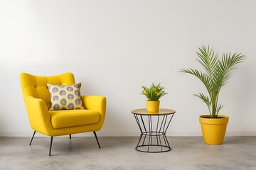 Bright yellow armchair with decorative pillow next to a small table with plants against a white wall