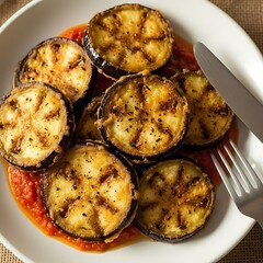 Grilled eggplant slices served on a bed of tomato sauce