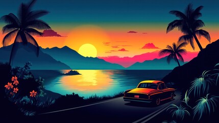 Sunset coastal drive, tropical beach, vibrant sky, classic car, vacation