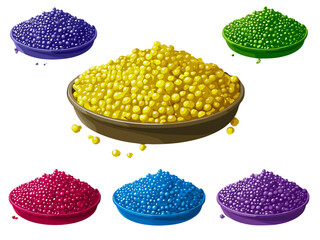This image showcases a variety of colorful fertilizer beads, each in different shades like yellow, green, purple, blue, and pink, arranged in separate bowls. These beads represent various types of fer