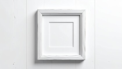 Square white frame with white mat on textured white planks, centered top down
