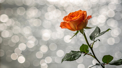 Striking orange rose displays warm sunset hues from coral to deep tangerine, stem adorned with characteristic rose leaves against neutral bokeh background.