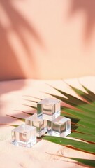 Stack of Clear Ice Cubes with Palm Leaf on Beach Sand
