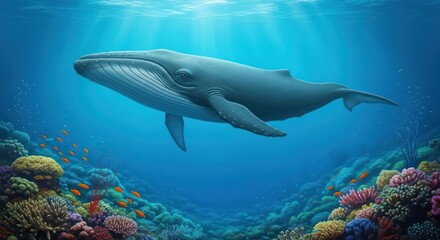 Obraz premium Majestic whale drifts serenely through vibrant coral reefs bathed in sunlight