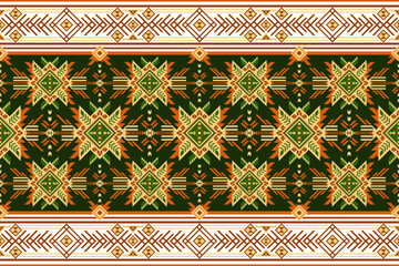A tribal-inspired textile pattern with bold star-like geometric motifs in framed by intricate diamond borders, creating a vibrant symmetrical design. Native American ethnic pattern. Vector ethnic 