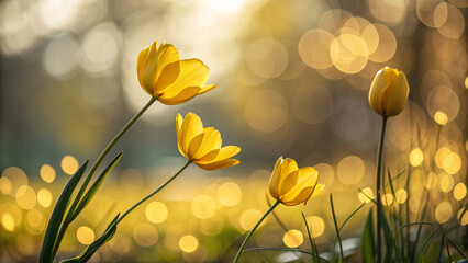 Yellow tulips reach upward in golden sunlight warm bokeh surrounds delicate flowers creating hopeful spring morning garden scene atmosphere