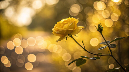 Single yellow rose glows warmly in golden hour light with companion bud creating romantic bokeh-filled autumn garden atmosphere
