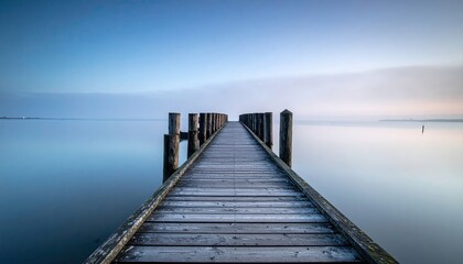 Obraz premium Long Wooden Pier Leading into Tranquil Sea at Dusk with Azure Blue Sky and Water Reflecting Soft Light Serene Coastal Scene