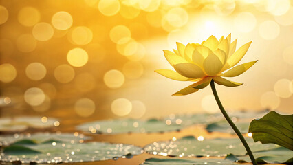 Single yellow lotus flower blooms majestically above tranquil water surface, surrounded by lily pads and sparkling reflections under golden sunlight bokeh.
