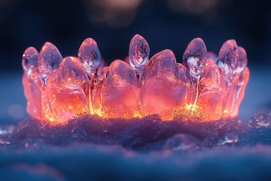 Ice crystals illuminated by flickering firelight.
