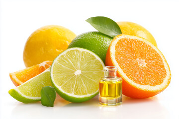 Fresh citrus fruits including lemons, limes, and oranges arranged on a white geometric block, isolated on white background.