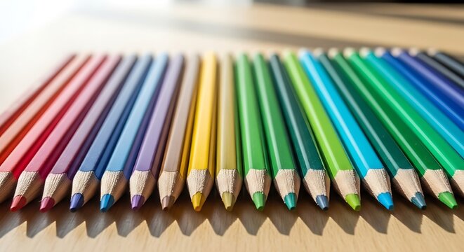 Chromatic harmony: A vibrant spectrum of colored pencils arranged on a wooden surface casting delicate shadows creates
