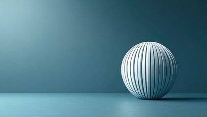 Ribbed sphere on teal plane, shadows. Minimalist